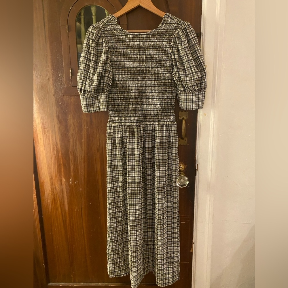 Ganni Black and White Checkered Long Sleeve Dress